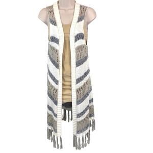 Blu Pepper Boho Tan Gray Cream Long Fringe Vest Large Weave Open Front